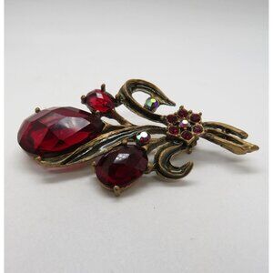 Vintage Floral Brooch 2" Red Faceted Lucite Gems Pin Antique Gold Tone Setting